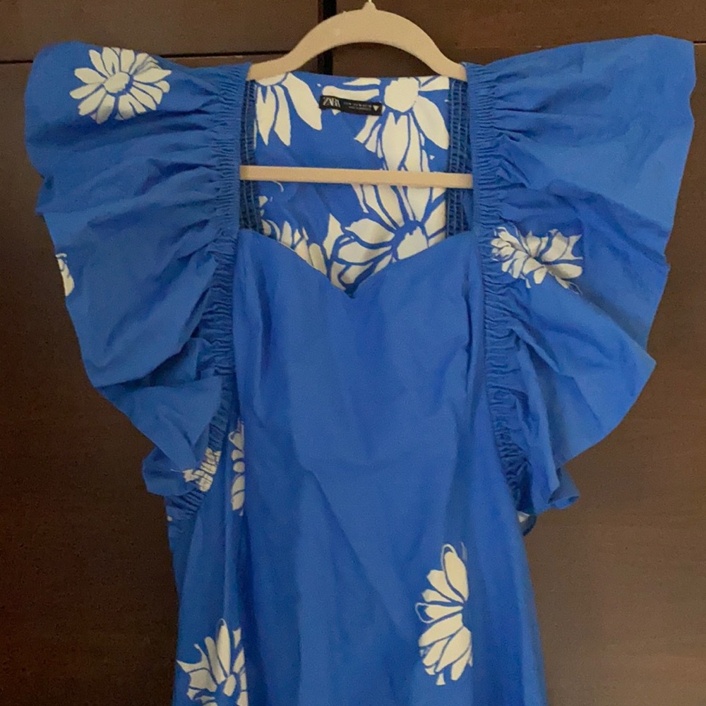 Zara blue + white butterfly shoulder summer dress